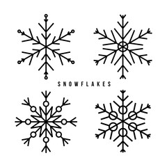 Snowflakes vector set. Collection of black snowflake Icons isolated on white background. Four snow flakes icon. Concept of holiday, cold weather, frost. Happy new year, xmas, christmas. Vector