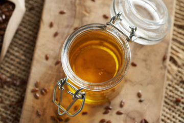 Flax seed oil in a glass jar