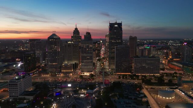 Detroit, Michigan, United States. wide shot of the city of Detroit. Evening Time. 