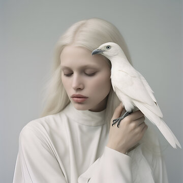 Young girl is holding white crow 