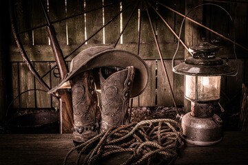 Old Western Cowboy Boots and Lantern