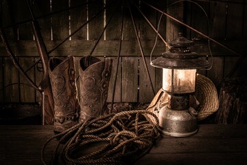 Cowboy Boots and Lantern