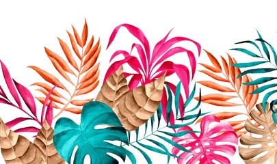 Barred Watercolor foliage, handmade, colorful, blue and pink, tropical leaves - obrazy, fototapety, plakaty