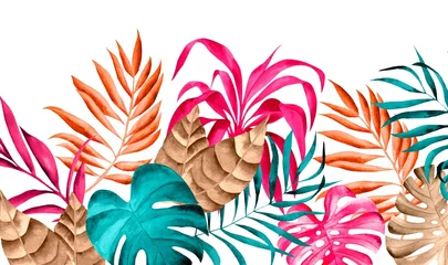 Fotobehang Barred Watercolor foliage, handmade, colorful, blue and pink, tropical leaves © Leticia Back