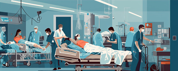 Emergency scene. Medical personal pushing or making surgery patient on gurney in a hospital clinic. illustrative style. - obrazy, fototapety, plakaty
