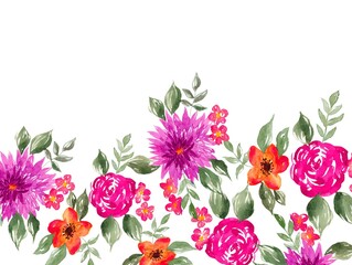 Watercolor flowers, tropical pink elements, white background