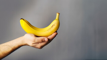 Hand Holding a Ripe Banana on a Neutral Gray Background with Advertising Copy Space in a Professional Photography Studio