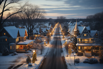 american town street with decorated houses for christmas ,ariel view
