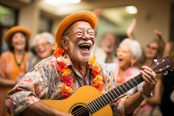 An engaging portrait photograph featuring a gratified elderly man, his guitar playing skillfully...