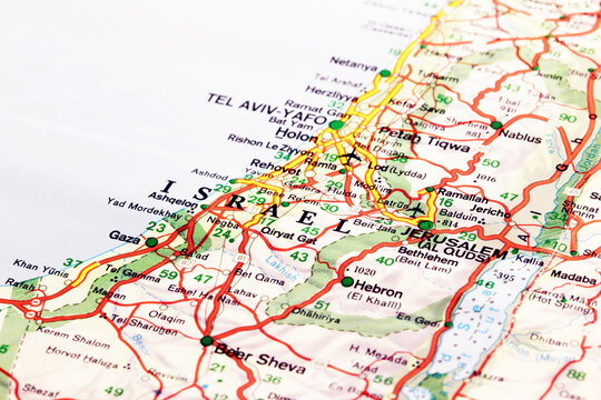 Jerusalem, Israel - October 7, 2023: Jerusalem city road map. Closeup macro view. Middle East map