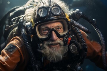 A portrait of a water enthusiast from an older generation, eagerly diving into the sea with snorkels., Generative Ai