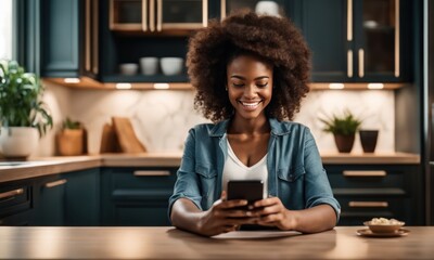 Fototapeta na wymiar African American smiling girl using smartphone on modern kitchen at home, pressing finger, reading social media internet, typing text or shopping online, mobile phone on two hands