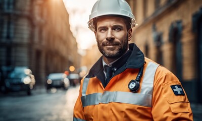 Portrait of male EMS paramedic proudly standing in front of camera in high visibility medical uniform/ Successful Emergency medical technician or doctor at work