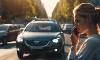 Scared woman in stress portrait near auto crash calling to auto insurance for help. Driver woman crying in front of wrecked car in car accident. Dangerous road traffic situation