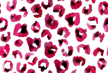 Pink watercolor animal print, leopard pattern, seamless, white background