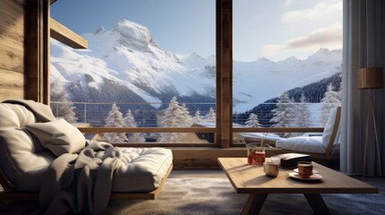 a living room filled with furniture and a large window overlooking a snowy mountain covered with snow covered mountains in the distance.  generative ai
