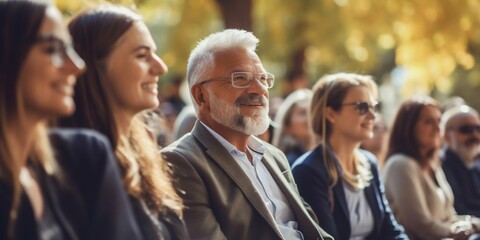 Obraz premium Sunny Park Seminar: Business Audience Gathered for Conference. Generative ai