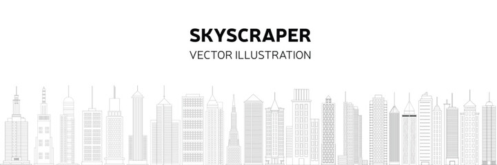 Fototapeta premium Doodle city long background. Outline skyscrapers background. Hand drawn vector illustration.