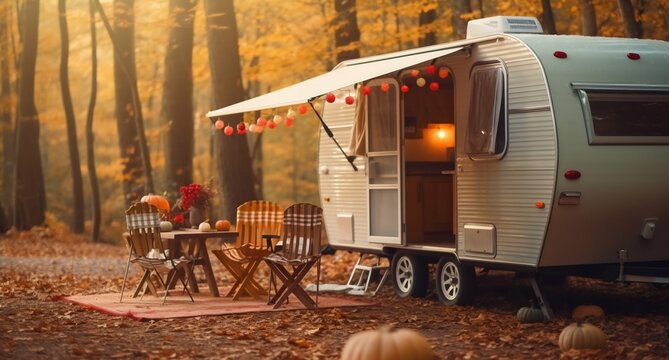 Forest Retreat: Cozy Trailer Camping in Autumn Setting. Generative ai
