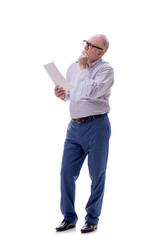 Old businessman reading paper isolated on white