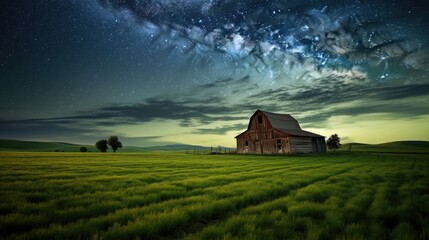  a barn in the middle of a green field under a night sky filled with stars and a star filled sky.  generative ai