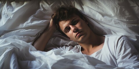 Fototapeta na wymiar Handsome young man sleeping the bed. Theme of dreams. Generative AI