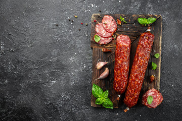 Salami sausage slices on a wooden board. banner, menu, recipe place for text, top view