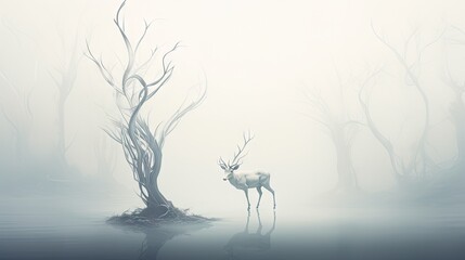  a deer standing next to a tree in a foggy forest with a body of water in front of it.  generative ai