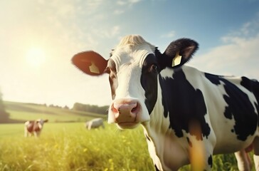 Fototapeta na wymiar Sunny Pasture: Cow Grazing on Lush Green Field. Generative ai