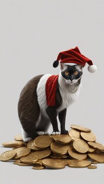 Cat dressed in Christmas clothes on a pile of coins. Generative ai