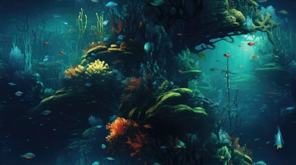 Fototapeta na wymiar a painting of an underwater scene with corals and other marine life on the bottom and bottom of the picture. generative ai