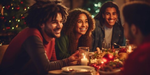Obraz na płótnie Canvas Festive Gathering: Multi-ethnic Friends Celebrate with Christmas Dinner. Generative ai