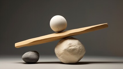  three rocks stacked on top of each other with one balanced on top of the other with a wooden stick sticking out of it.  generative ai