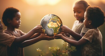 Unity for Peace: African Children Holding Earth in Harmony. Generative ai - obrazy, fototapety, plakaty