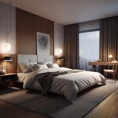 photo shot in Close-up shot, hotel room, 3d render. AI generated.