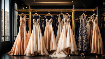 A closet with a collection of glamorous wedding dresses.