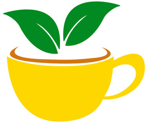 Icono de taza amarilla de te con hojas en fondo transparente