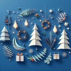 christmas Xmas modern design set in paper cut style with Christmas tree pine branches lights on blue background Usable for social media, banner space for copy created with generative ai