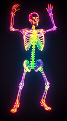 esqueleto dançante brilhante, fundo de halloween colorido 