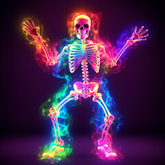 esqueleto dançante brilhante, fundo de halloween colorido 