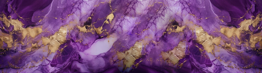 Naklejka premium Marbled background banner panorama, purple, golden, abstract, luxurious, elegant, marble stone texture