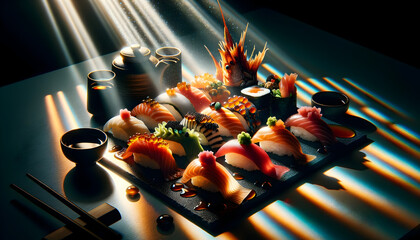A sushi Assortment, where each Piece Stands out with its Unique Color and Form. An Artistic Play of...