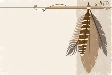 A group of feathers hanging from a scroll, in a cut paper style with textures with copy space
