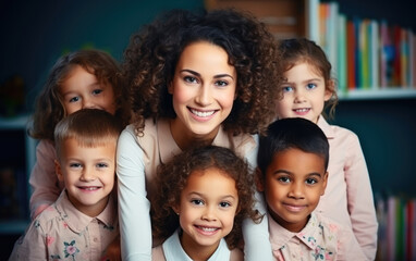 Happy female teacher with children