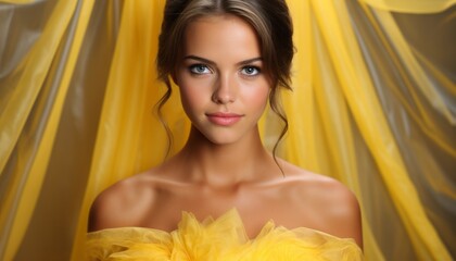 young very pretty bride with yellow veil and dress and bare shoulders