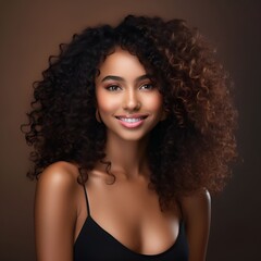 African beautiful woman portrait. Brunette curly haired young model with dark skin and perfect smile, photo