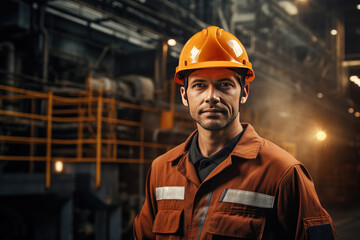 Smiling male worker of modern industrial plant or factory in workwear and protective helmet