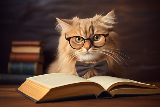 Intelligent fluffy cat in glasses reading book