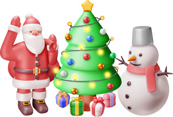 3D Santa Claus with Gift Bag and Christmas Tree