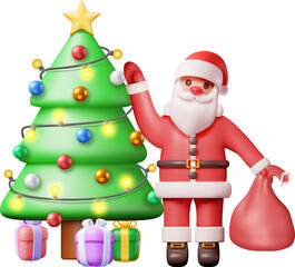 3D Santa Claus with Gift Bag and Christmas Tree